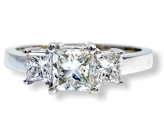 White gold three-stone princess-cut diamond engagement ring, front view