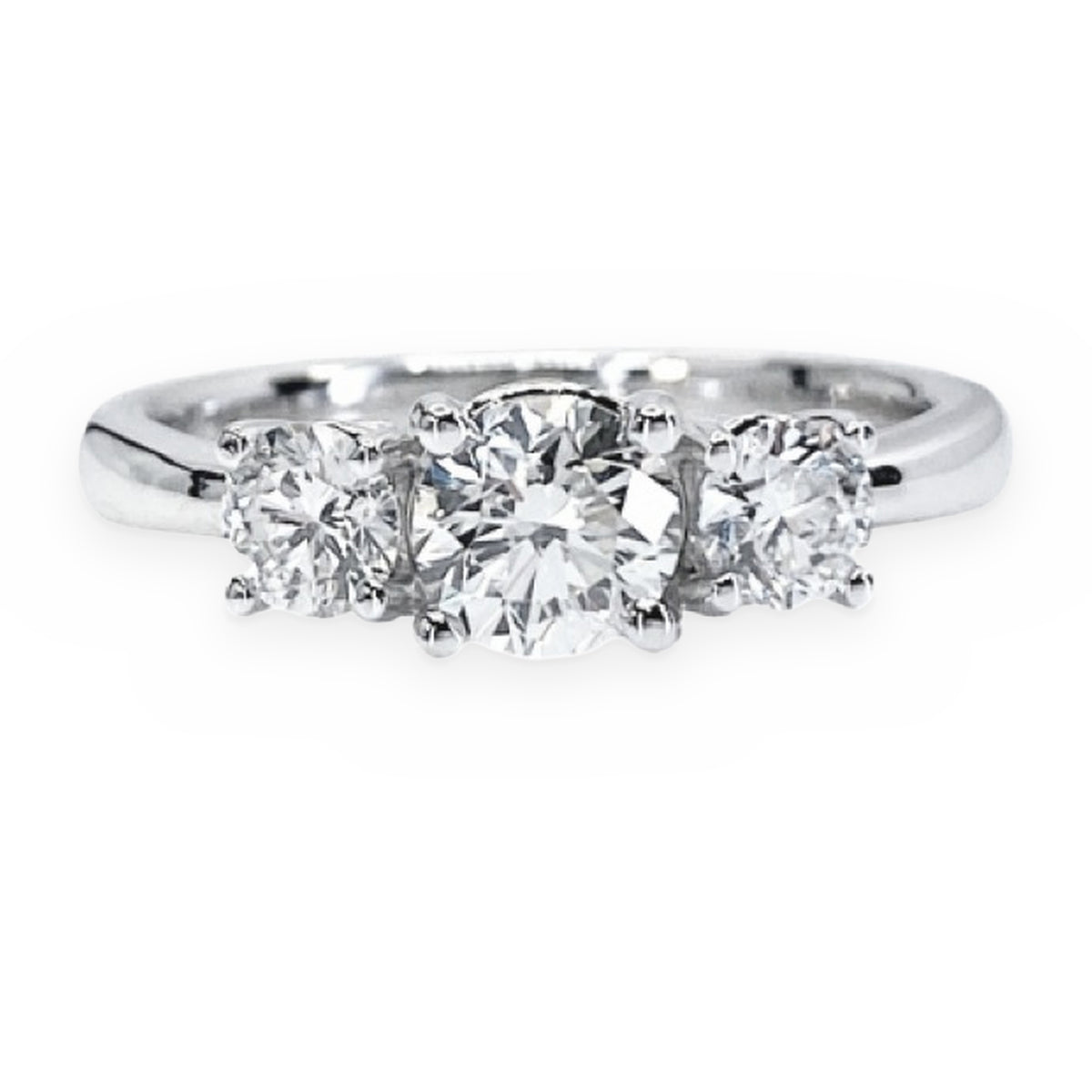 White gold three-stone round diamond engagement ring, front view