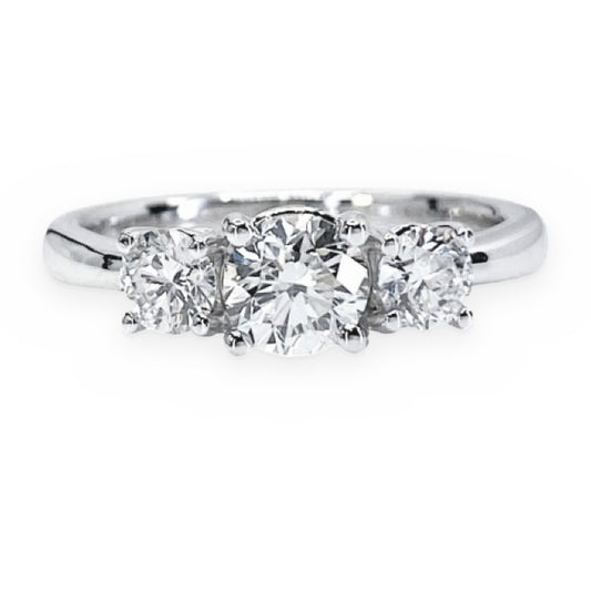 White gold three-stone round diamond engagement ring, front view