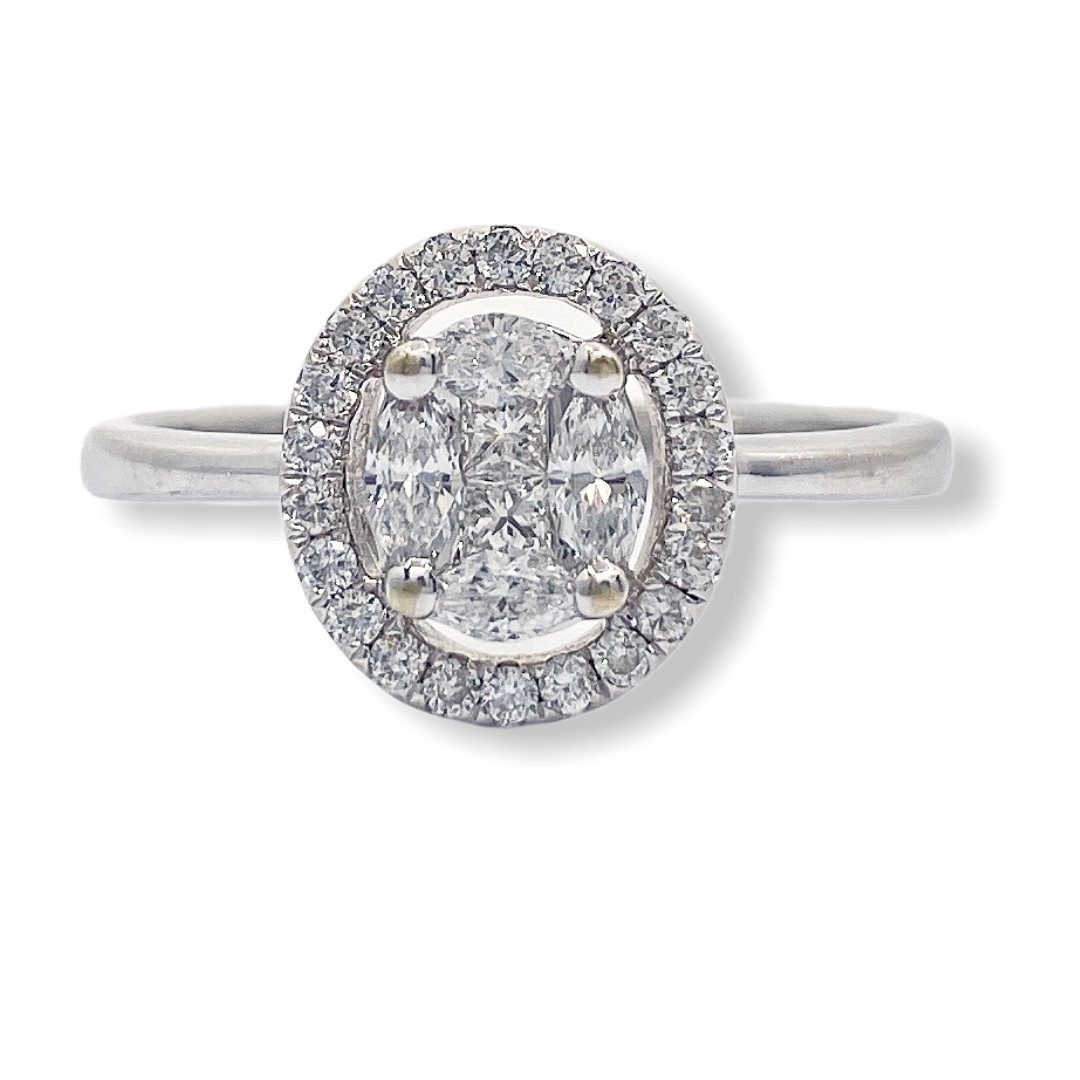 White gold oval halo cluster diamond engagement ring with marquise and princess stones
