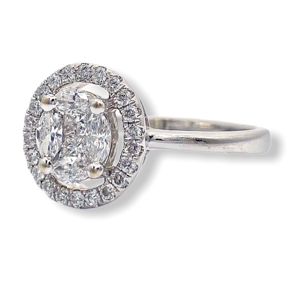 White gold oval halo cluster diamond engagement ring, three-quarter angle