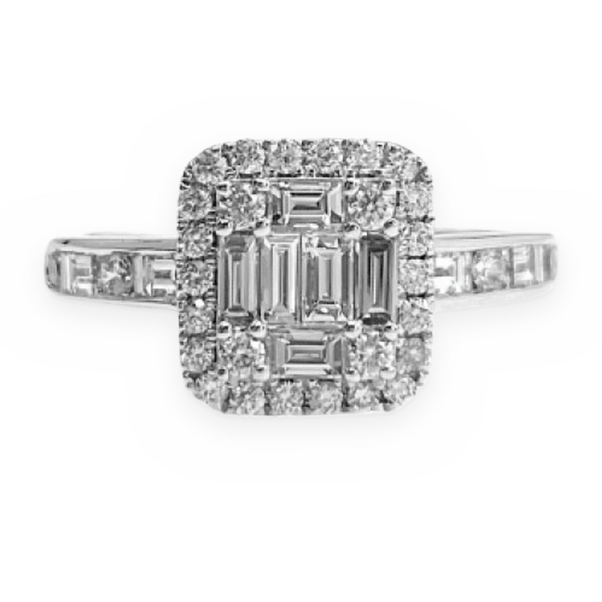 White gold emerald-cut baguette cluster diamond halo ring with channel-set band
