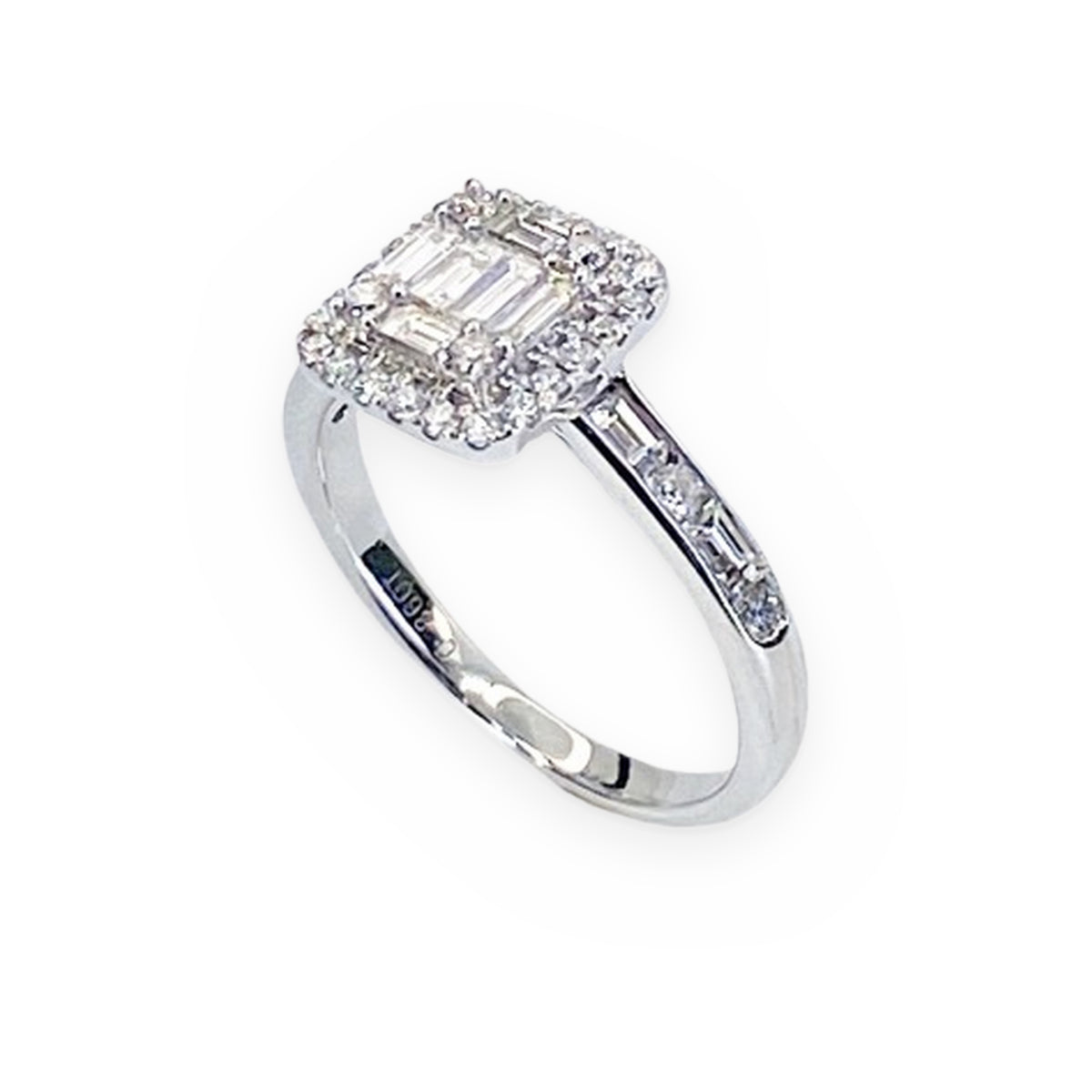 White gold baguette cluster diamond halo ring, three-quarter angle