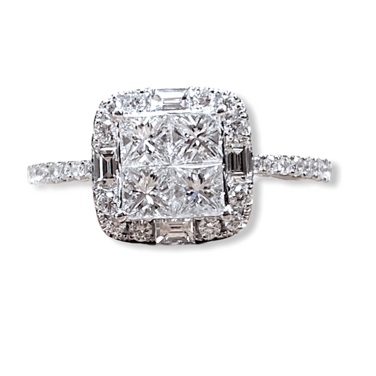 White gold princess-cut quad cluster diamond halo engagement ring with baguette accents