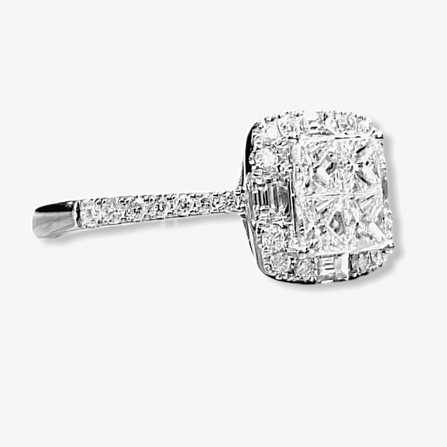 White gold princess-cut quad cluster diamond halo engagement ring, three-quarter angle