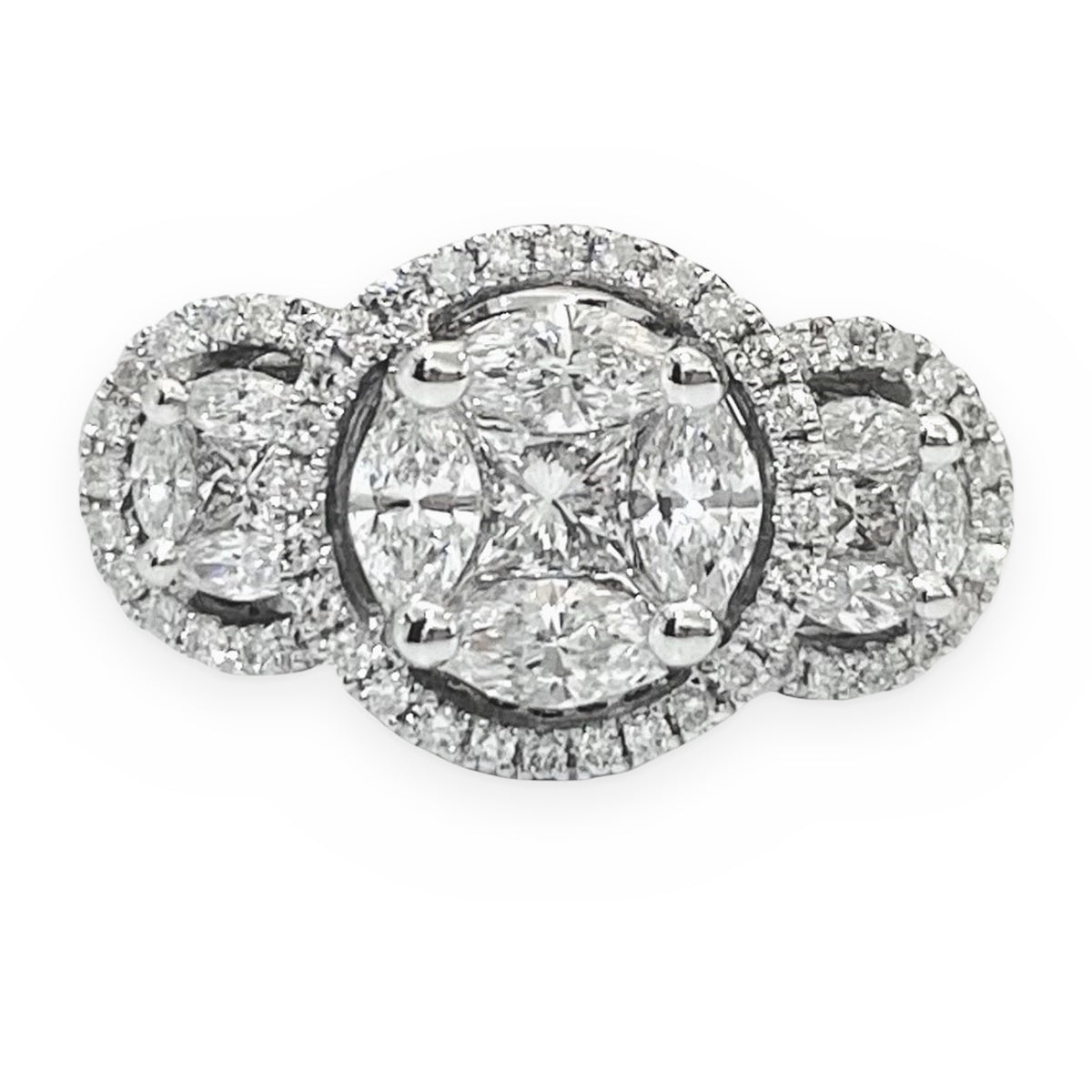 White gold three-stone halo cluster diamond ring with marquise and princess illusion stones