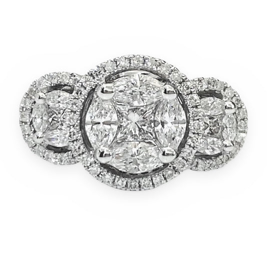 White gold three-stone halo cluster diamond ring with marquise and princess illusion stones