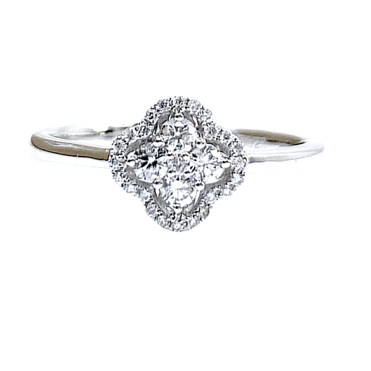 White gold clover-shaped diamond cluster halo ring, front view