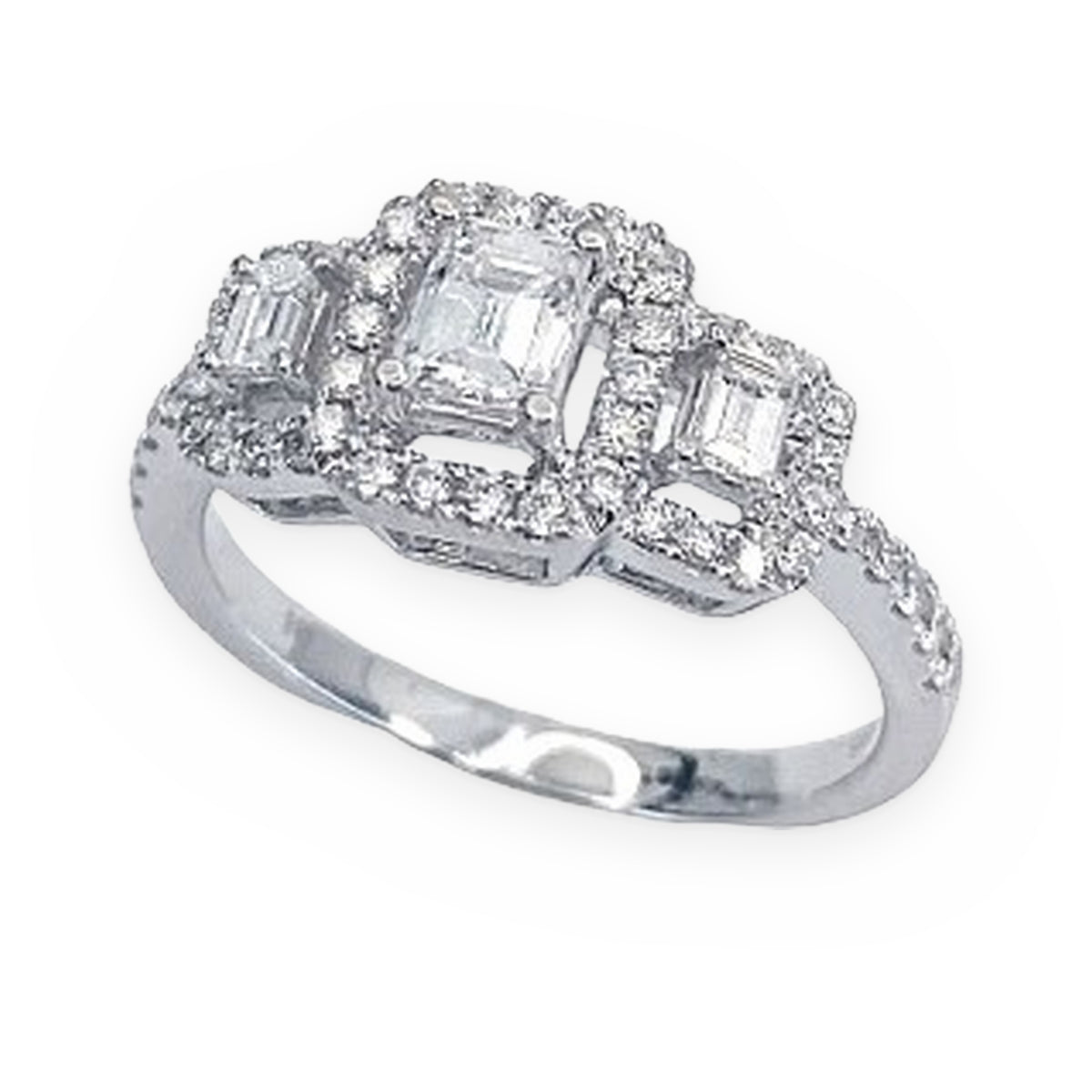 White gold three-stone emerald-cut diamond halo engagement ring, three-quarter angle