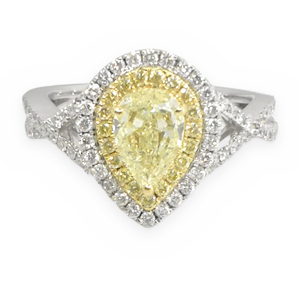Two-tone gold pear-shaped fancy yellow diamond double halo engagement ring, front view