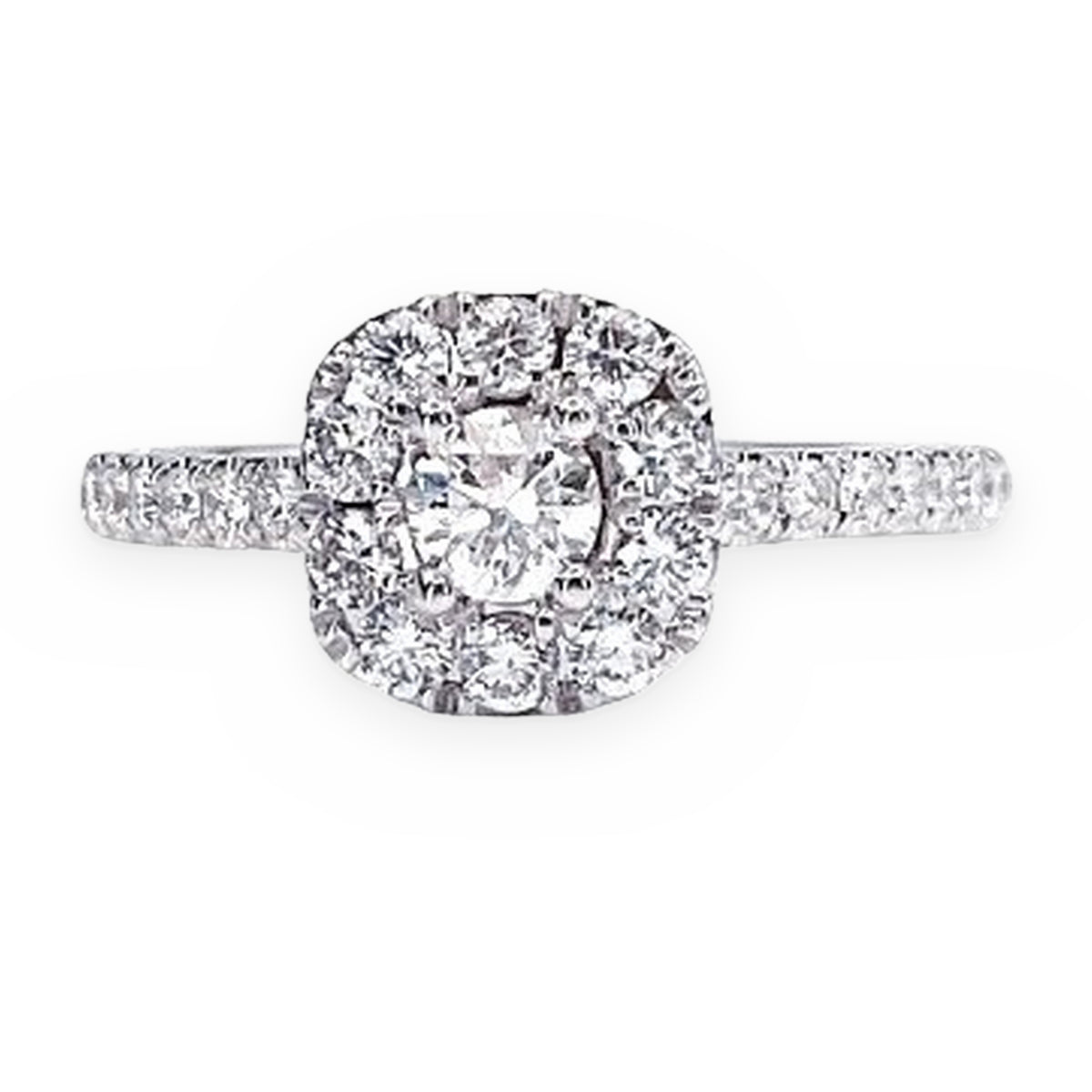 White gold cushion-shaped diamond cluster halo engagement ring with pave band, front view