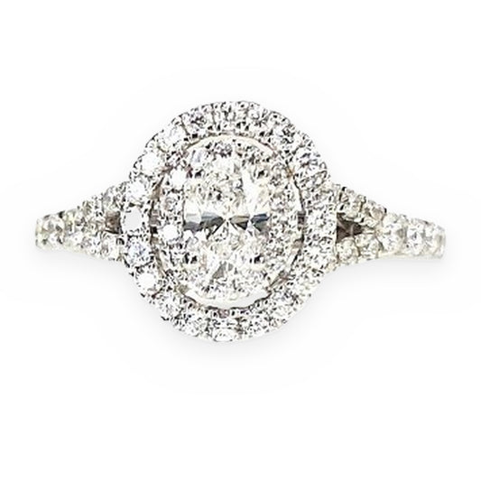 White gold oval diamond cluster double halo engagement ring with split-shank pave band
