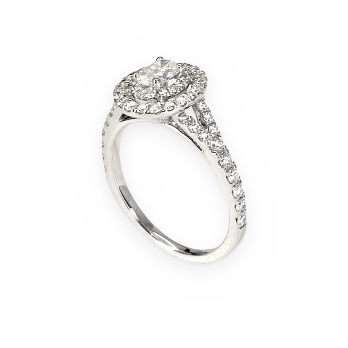 White gold oval diamond double halo engagement ring, three-quarter angle