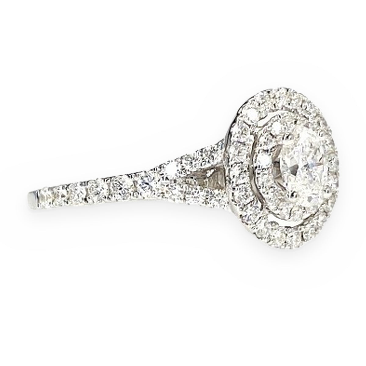 White gold round diamond double halo engagement ring, side profile