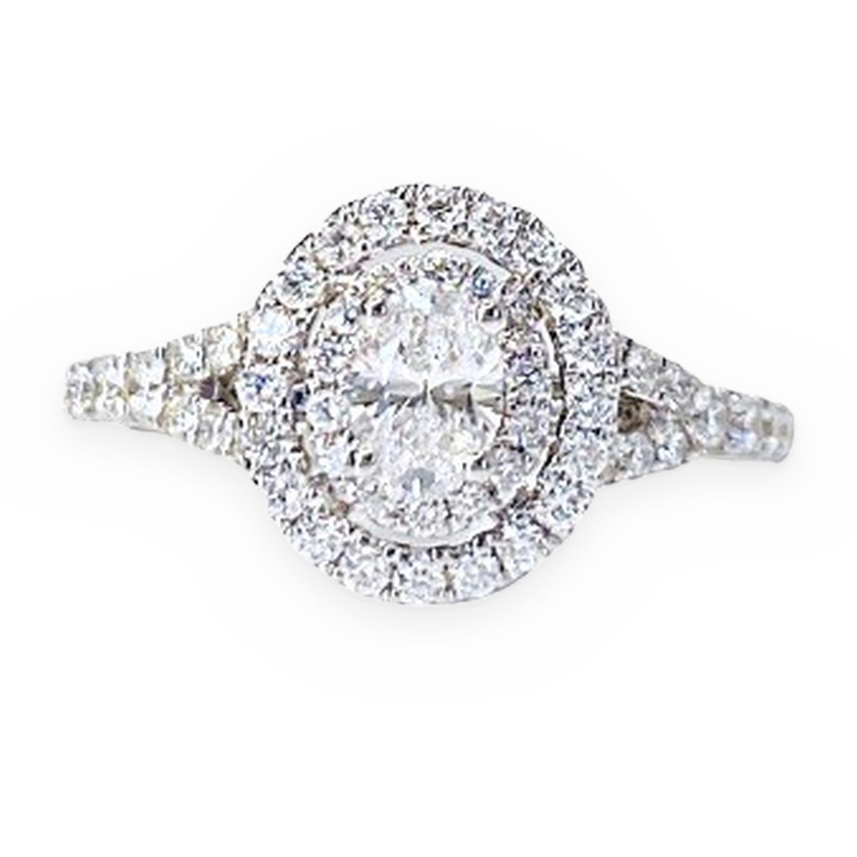 White gold oval diamond cluster double halo engagement ring, front view