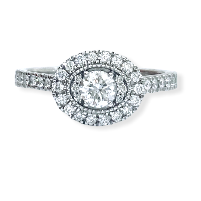 White gold round diamond oval double halo engagement ring, front view