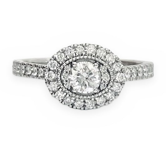 White gold round diamond oval double halo engagement ring, front view on gray background