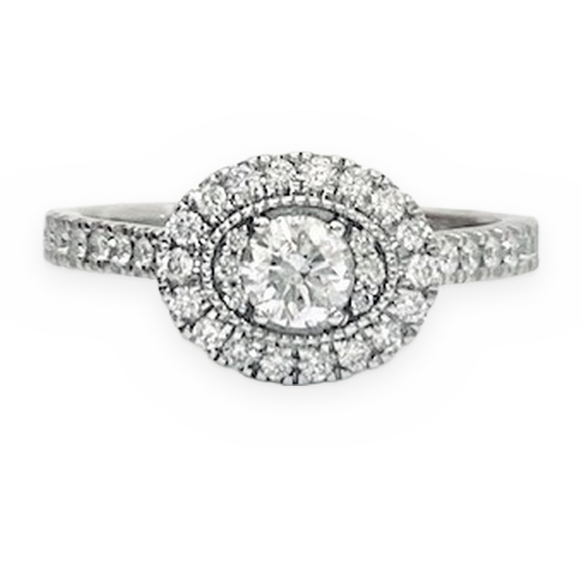White gold round diamond double halo engagement ring, three-quarter angle