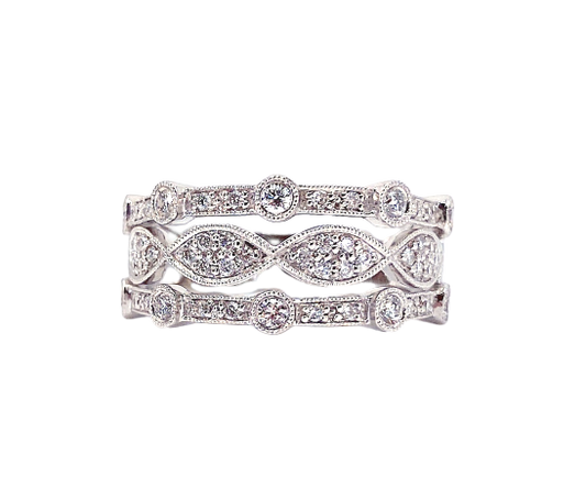 White gold three-row diamond marquise-motif anniversary band, front view