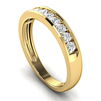 Yellow gold channel-set round diamond wedding band, three-quarter angle