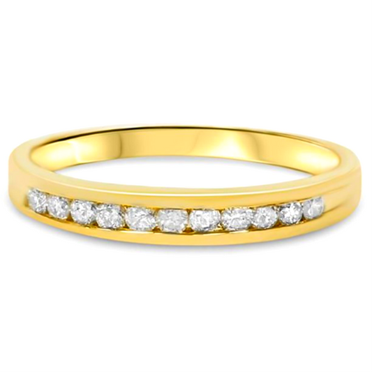 Yellow gold channel-set round diamond wedding band, front view