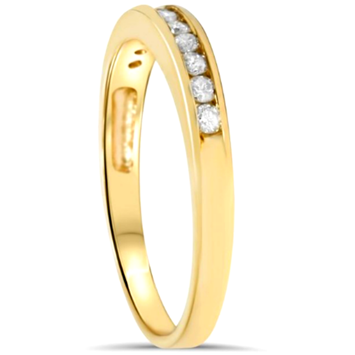 Yellow gold channel-set round diamond wedding band, three-quarter angle