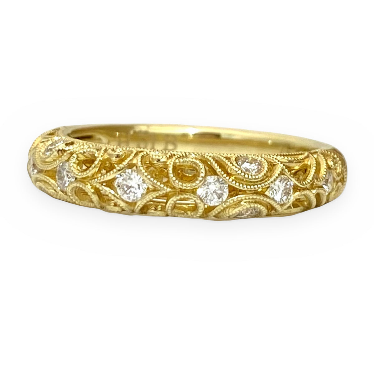 Yellow gold filigree diamond band, top view