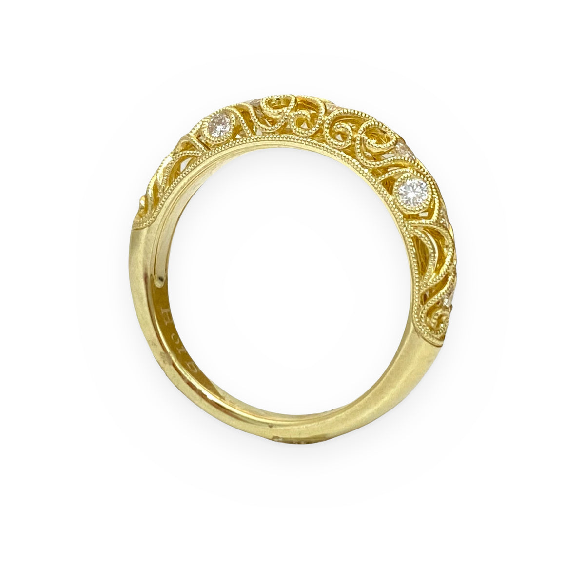 Yellow gold filigree diamond band, side profile