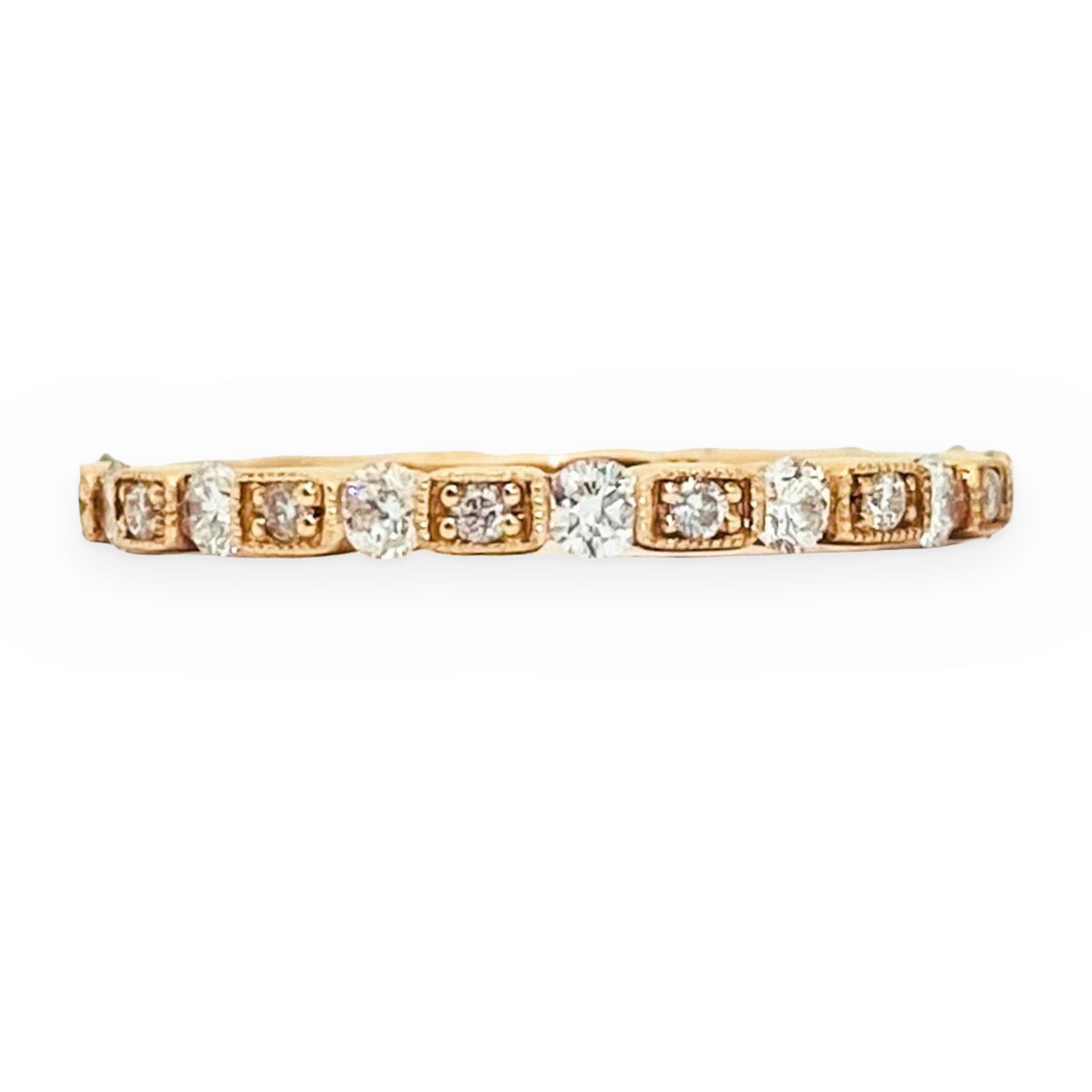 Rose gold alternating diamond milgrain band, front view