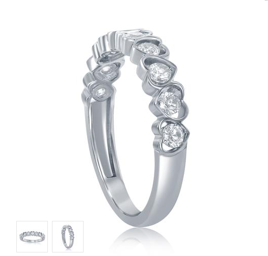 White gold heart-bezel diamond band, angled view with thumbnails