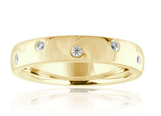 Yellow gold band with flush-set round diamonds