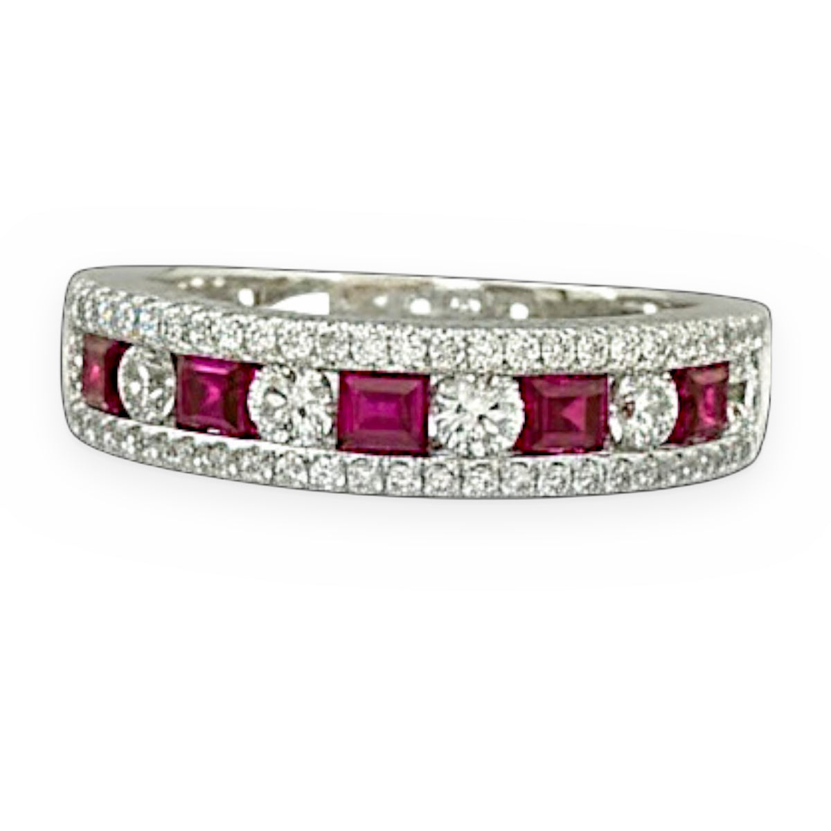 White gold ruby and diamond three-row band