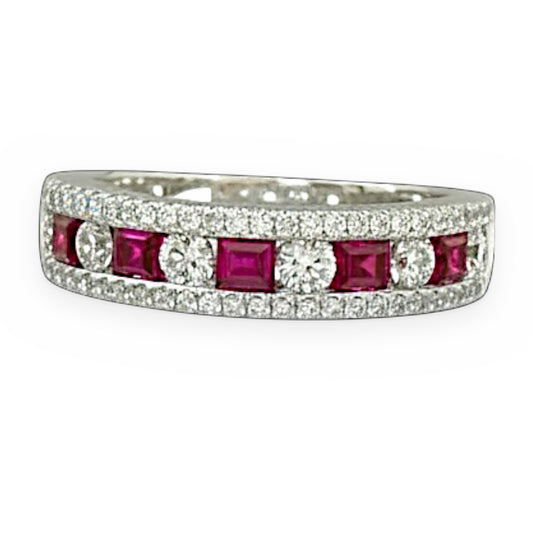White gold ruby and diamond three-row band