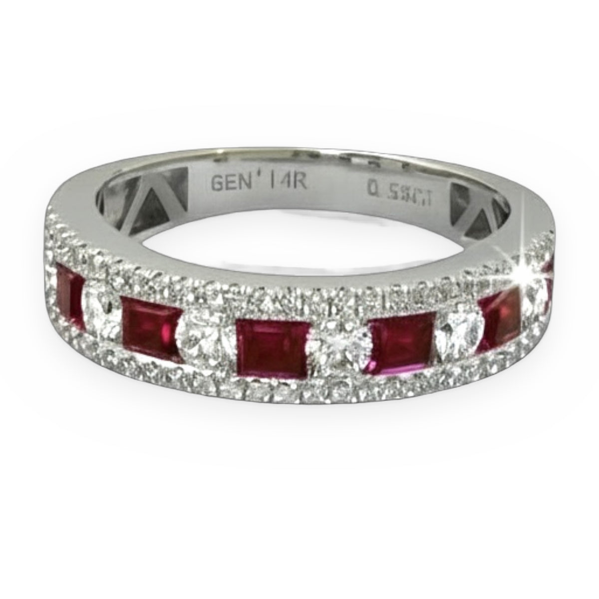 White gold ruby and diamond band, angled view with maker mark