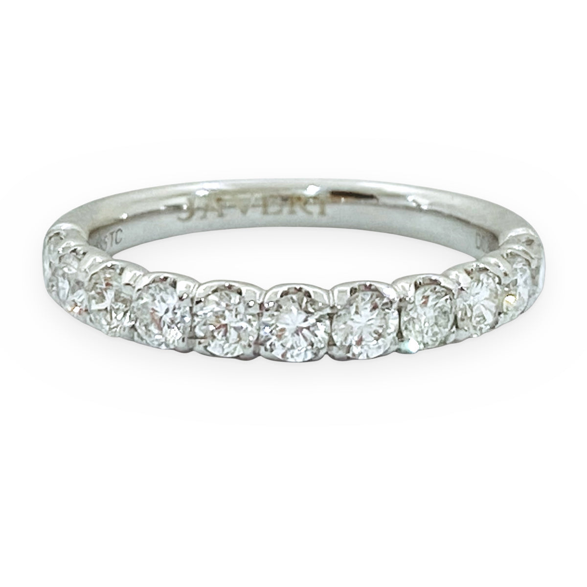 White gold shared-prong diamond band, second view