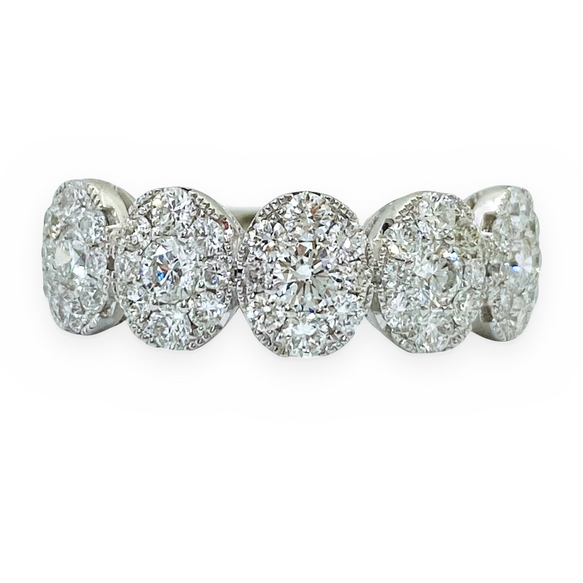 White gold oval diamond cluster five-station band
