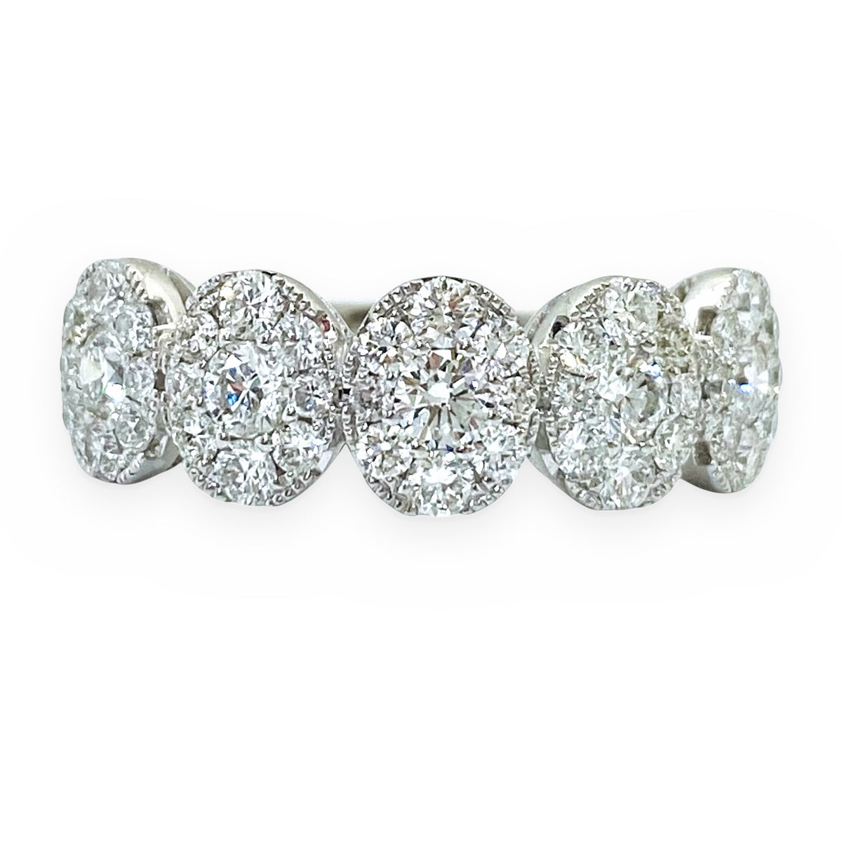White gold oval diamond cluster band, front view