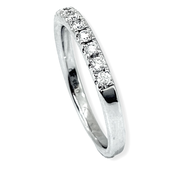 White gold pave diamond wedding band, angled view