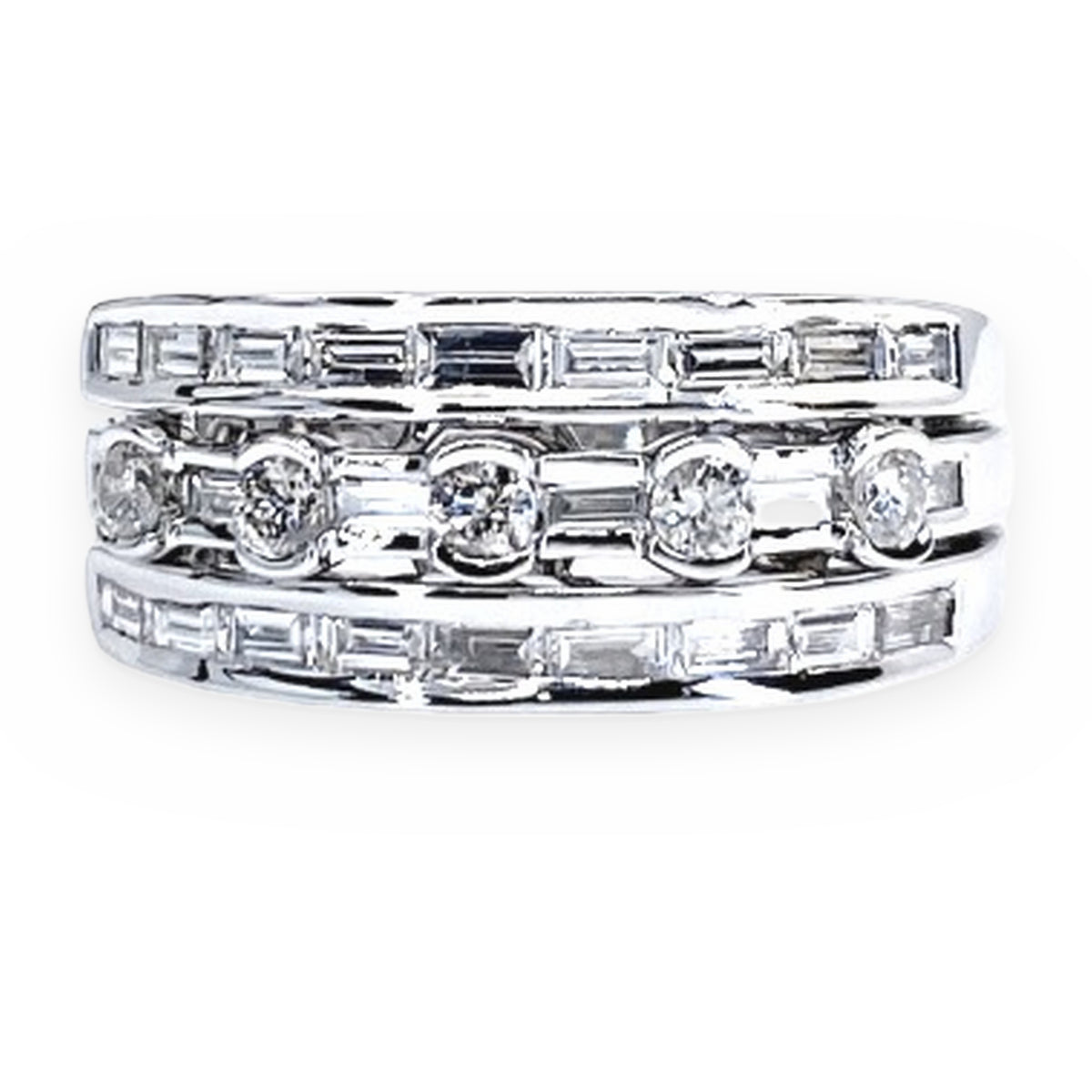White gold three-row baguette and round diamond band