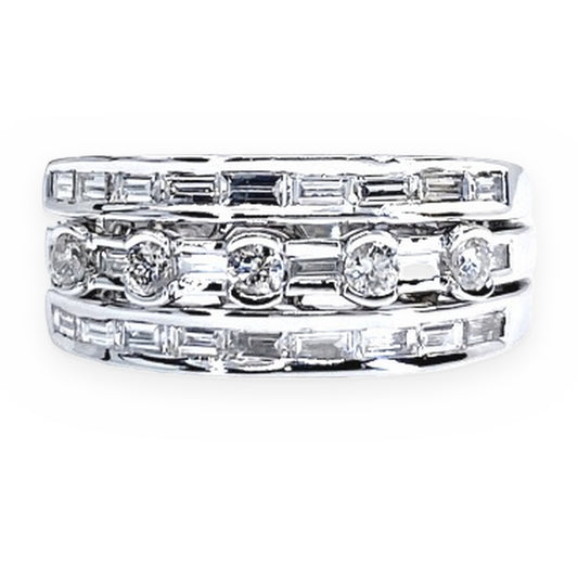 White gold three-row baguette and round diamond band