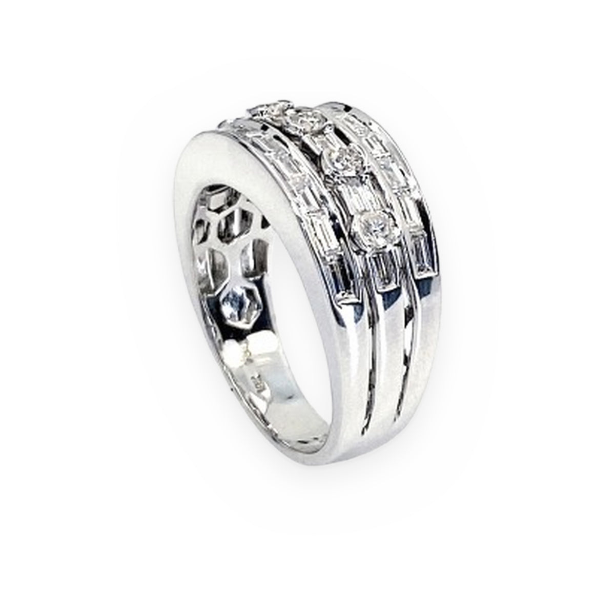 White gold three-row baguette diamond band, angled view