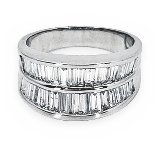 14K white gold wide band with two rows of channel-set baguette diamonds