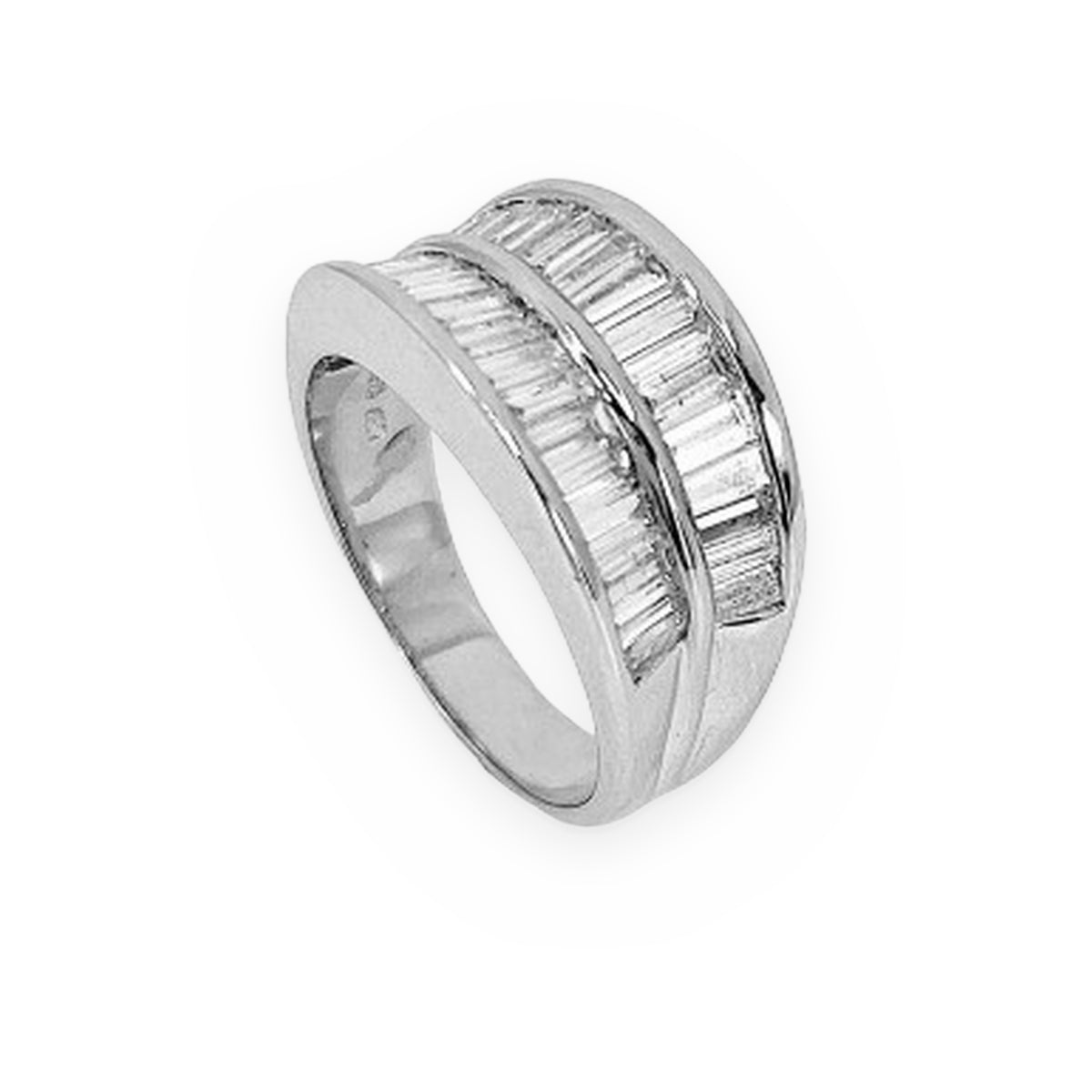 14K white gold wide band with two rows of channel-set baguette diamonds, angled view