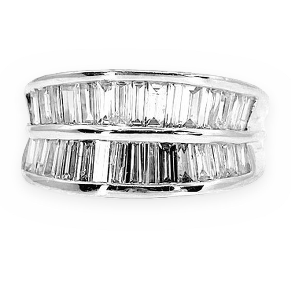 14K white gold wide band with two rows of channel-set baguette diamonds, front view
