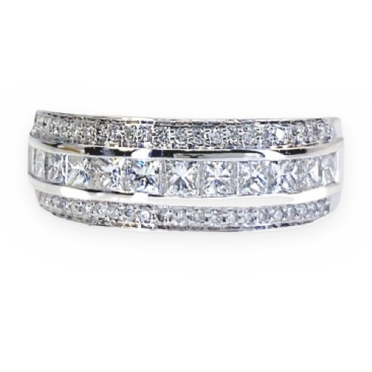 White gold diamond band with center row of princess-cut diamonds and pave edges