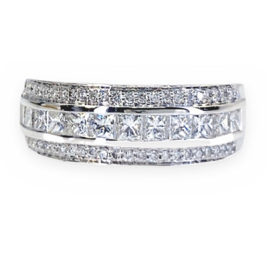 White gold diamond band with center row of princess-cut diamonds and pave edges