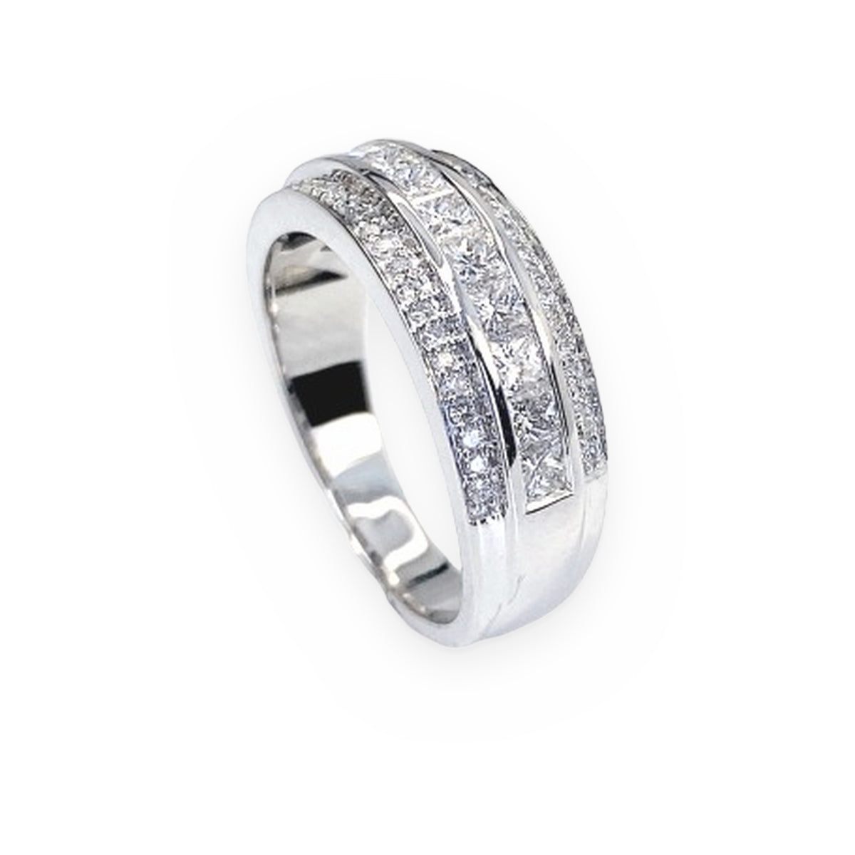 White gold princess-cut diamond band with pave edges, three-quarter view