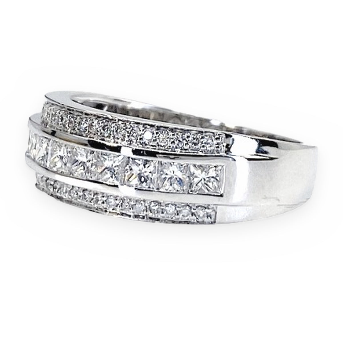 White gold princess-cut diamond band with pave edges, angled view