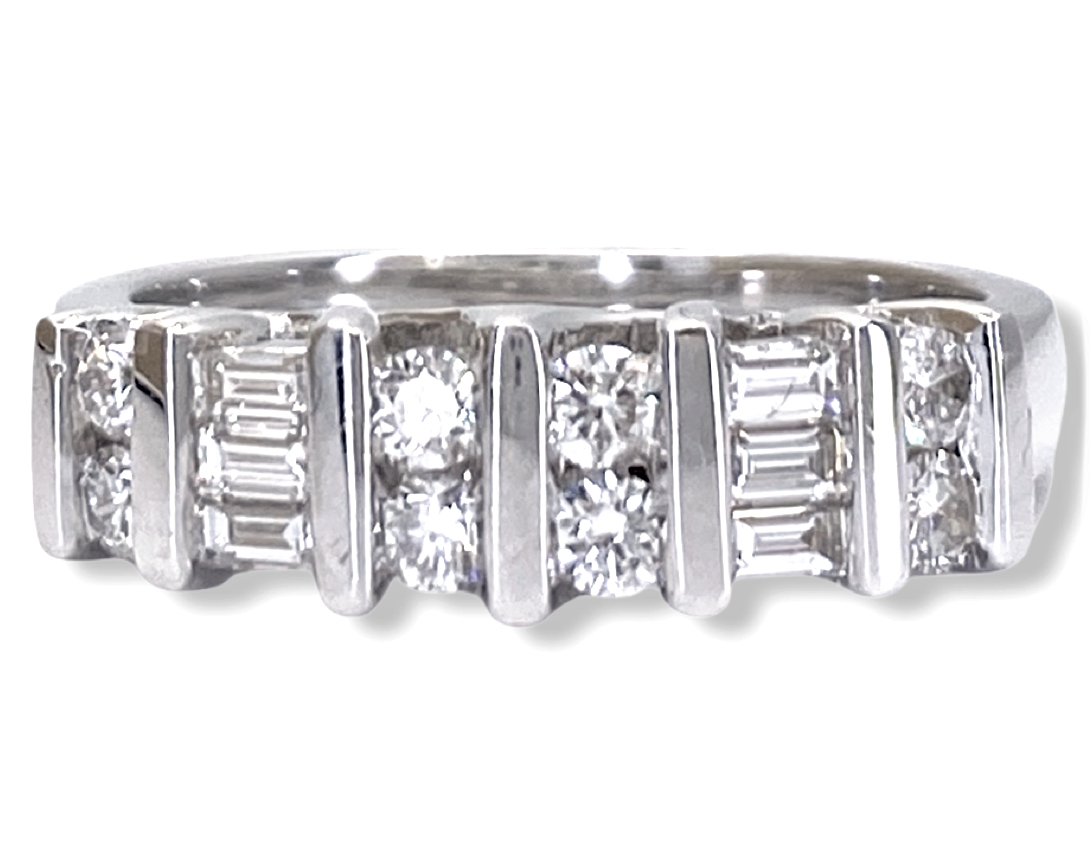 White gold diamond band alternating round diamonds and baguette bars