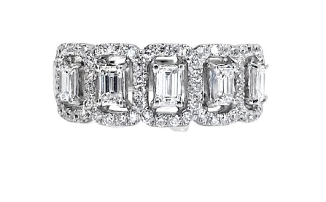 White gold five-stone emerald-cut diamond band with diamond halos